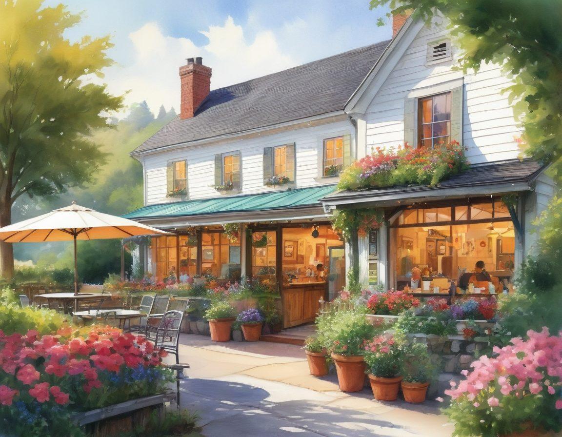 A cozy and inviting illustration of the Old Crocker Inn surrounded by local attractions, including a picturesque vineyard, charming cafes, and vibrant market stalls. Add elements of dining such as a beautifully set outdoor table with local delicacies and colorful flowers in the foreground. The atmosphere should feel warm and welcoming, suggesting a perfect getaway. watercolors. soft pastels. cheerful vibe.