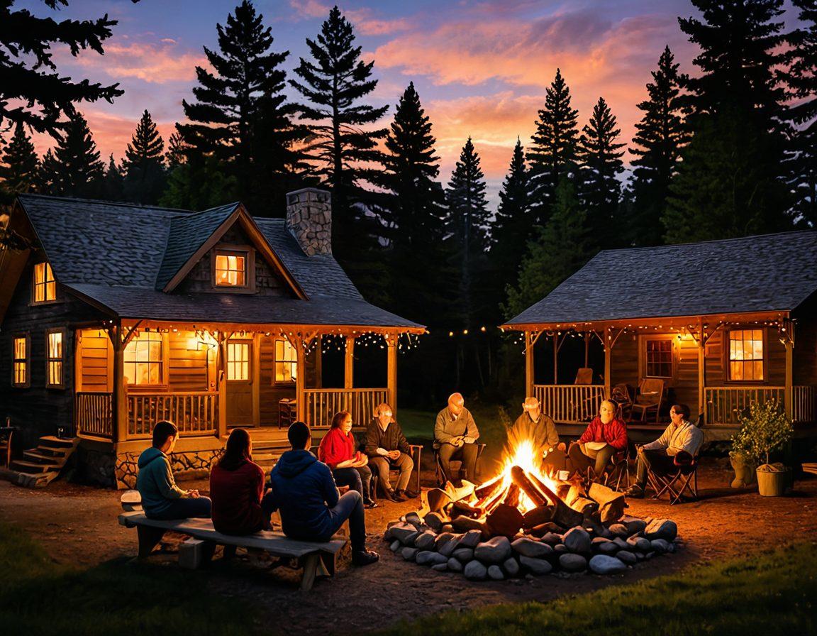 A cozy family gathered around a warm campfire at Old Crocker Inn, surrounded by tall trees and twinkling stars. Laughter fills the air as they toast marshmallows and share stories, with the charming inn illuminated in the background. Include a stunning sunset capturing the essence of a weekend getaway. Nostalgic and heartwarming mood. super-realistic. vibrant colors.