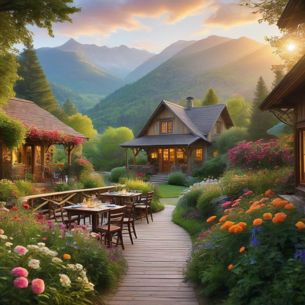 A charming, rustic inn nestled in a lush green landscape, with the sun setting in the background casting warm golden hues. In the foreground, a couple enjoys a cozy outdoor meal on the patio, surrounded by blooming flowers and a view of distant mountains. To one side, a winding pathway leads into a picturesque forest inviting exploration. The scene captures the essence of relaxation and adventure. super-realistic. vibrant colors. warm tones.